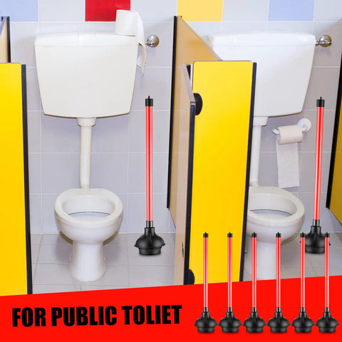 Heavy Duty Toilet Plunger 6 Pack Built With Long 20.5 Inch Handle And Four Inch Cup For Bathroom Drain Unclogging displayed in a public toilet.