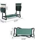 Dimensions of Garden Kneeler And Seat Foldable Stool With Thick EVA Pad And Dual Tool Pouches showing measurements and folded view.