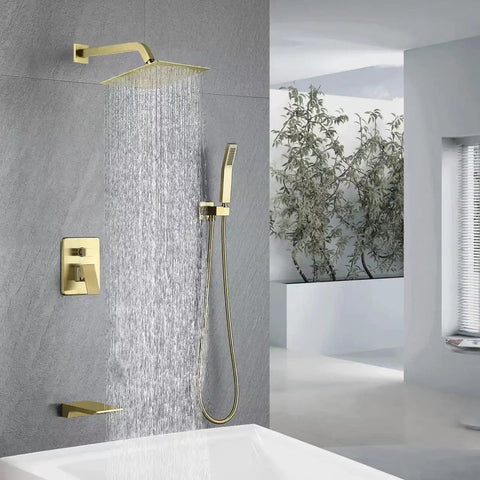 Rainfall Shower Head With Handheld Spray Waterfall Tub Spout 10 Inch Wide Brushed Nickel Finish Dope 3 Function Shower System Easy Install NPT One Half Connection Modern Bath Upgrade For Home Showers