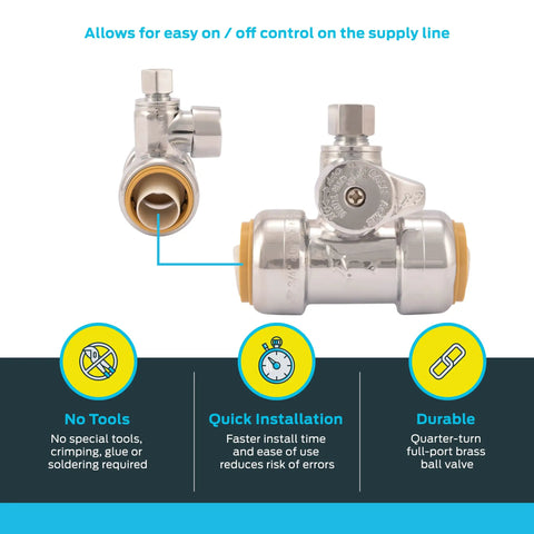 Image of Three Quarter By Three Quarter By One Quarter Inch Brass Push To Connect Compression Tee Stop Valve For PEX Copper CPVC PERT HDPE Plumbing Fitting No Fuss Setup In Tight Spaces Easy Disconnect Clip Operation detailing no tools required and quick installation features.