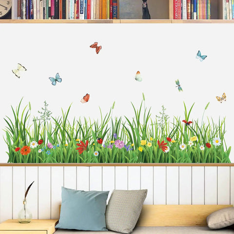 Green Grass Wall Corner Stickers With Flowers And Butterflies, Baseboard Skirting Line Wall Decals for Bedroom, Easy Peel And Stick