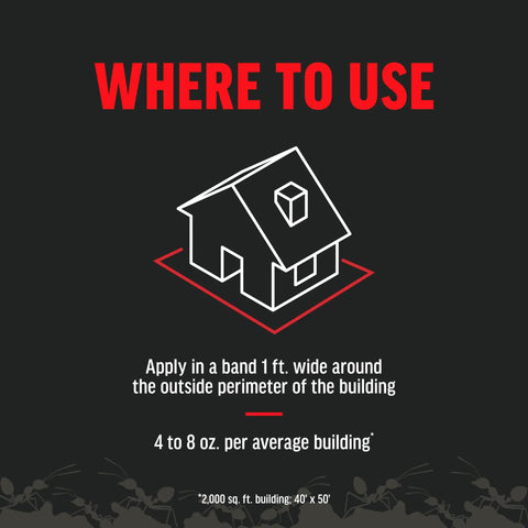 Diagram showing where to use Ant Killer For Outdoor Home Perimeter 24 Oz Black Label Kills 25 Ant Species.