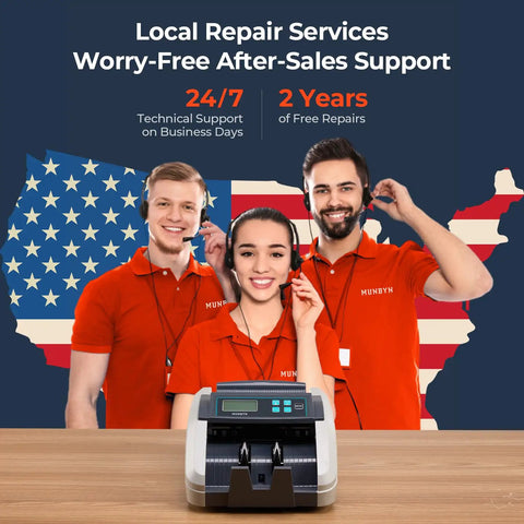 Technicians supporting Value Counting Money Counter For Cashiers, Boss Level Speed at 1100 Bills Per Minute, in front of USA map.