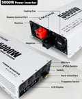 Ready To Rock 5000 Watt Power Inverter Converting 12V DC To 110V AC With Four Household Outlets And Dual USB Ports Includes LCD Screen Remote Switch.