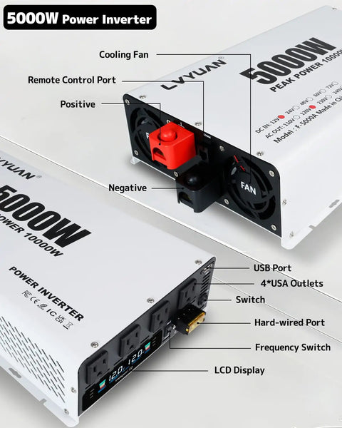 Ready To Rock 5000 Watt Power Inverter Converting 12V DC To 110V AC With Four Household Outlets And Dual USB Ports Includes LCD Screen Remote Switch.