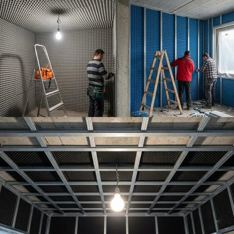 High Density Soundproof Foam Panels With Hella Strong Self Adhesive Backing For Zero Drama Home Studio Acoustic Dampening Treatment Tiles in installation.