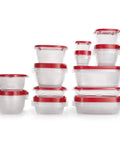 TakeAlongs Food Storage Containers Set Of 26 Clear With QuikClik Seals arranged in stacks showing sizes and red snap lids.
