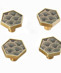 4 Pack Hexagonal Cabinet Knobs Set In Solid Brass With Brushed Gold Finish, Art Deco Fan Mosaic Pattern, top view