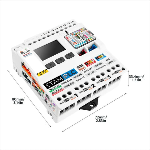 Industrial PLC Controller with StampS3A Core, wireless IoT, 8 opto inputs, 4 relays, 72x80x33.4mm, easy remote monitoring.