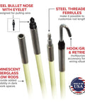 Six Piece Glow Rod Set Of Fiberglass Poles, 30 Foot Total Length, 3/16 Inch Diameter, Ultra Flexible Yet Tough, Built To Handle Tight Turns, 4 Inch Bend Radius, 500 Pound Tensile Strength, Steel Ferrules For Custom Lengths, Easy Assembly with steel tips