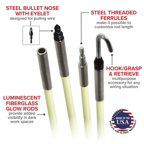 Six Piece Glow Rod Set Of Fiberglass Poles, 30 Foot Total Length, 3/16 Inch Diameter, Ultra Flexible Yet Tough, Built To Handle Tight Turns, 4 Inch Bend Radius, 500 Pound Tensile Strength, Steel Ferrules For Custom Lengths, Easy Assembly with steel tips