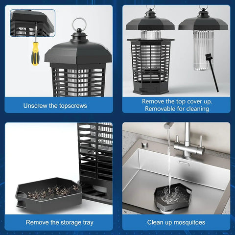 Outdoor Waterproof Mosquito Zapper Electric Insect Killer Lamp for Backyard showing cleaning and maintenance steps