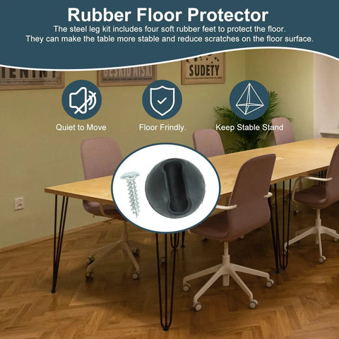 Rubber floor protectors with screws on a table with 22 Inch Industrial Hairpin Table Legs Set Of Four With 3 Eighths Inch Diameter Beefy Heavy Duty Solid Iron Furniture Legs For Coffee Tables End Tables Desks And Workstations Mid Century Modern DIY Project.