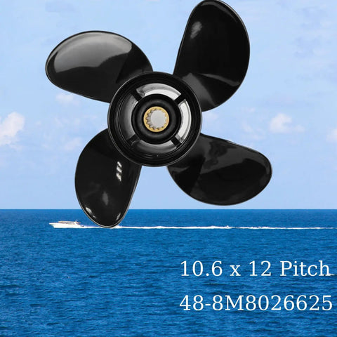 Propeller 10.6 x 12 Pitch for Mercury Outboard 25-70 HP Aluminum Prop with 13 Spline Tooth, Hub Nut Kit Visible, 48-8M8026625