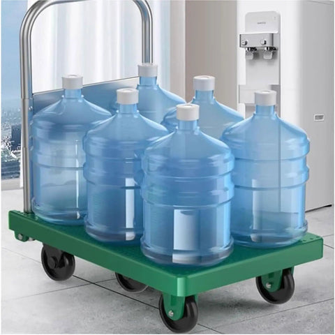 Beefy Folding Platform Cart Dolly For Moving Heavy Loads, Heavy Duty Hand Truck With Silent Wheels, Non Slip, Double Bearing Design, Easy Fold, Compact For Warehouse, Garage, And Home Use, Black with five water bottles