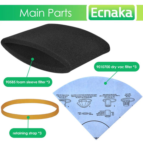 Image showing main parts: Three Pack Foam Sleeve Filters And Three Pack Wet Dry Vacuum Filters For 5 Gallon And Up Vacuums.