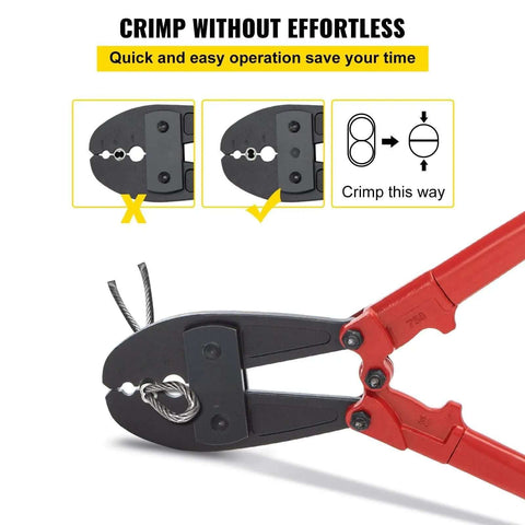Heavy Duty Wire Rope Crimping Tool with 30 Inch Long Handle crimping demonstration, for 5/32, 1/4, and 5/16 inch sleeves, alloy steel.