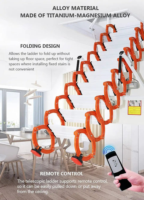 Heavy Duty Electric Remote Control Attic Ladder Crafted From Slick Titanium Magnesium Alloy, showcasing folding design and remote control feature.