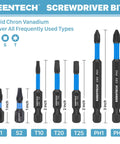 Image of Keentech screwdriver bits, solid chron vanadium, in various sizes including S1, S2, T10, T20, T25, PH1, and PH2.