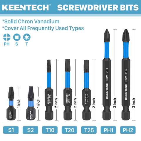 Image of Keentech screwdriver bits, solid chron vanadium, in various sizes including S1, S2, T10, T20, T25, PH1, and PH2.