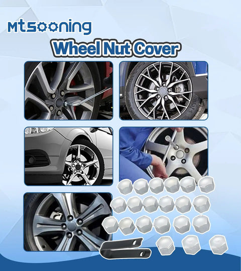 21 Pcs Car Wheel Nut Covers 21mm Universal Lug Nut Caps Chrome Gloss ABS Auto Bolt Head Protectors with Remover Clip displayed