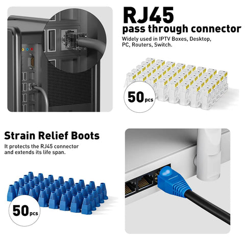 RJ45 pass through connectors and strain relief boots, part of All In One Ethernet Crimp Tool Kit With Pass Through RJ45 Crimpers.