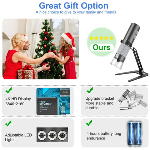WiFi Digital Microscope 4K HD Camera With 50X To 1000X Magnification, Wireless Handheld Scope, Adjustable Stand, Compatible With iPhone Android iPad Mac Windows PC, Great For DIY Lab Work And Hobbies, shown with 4K display and LED lights