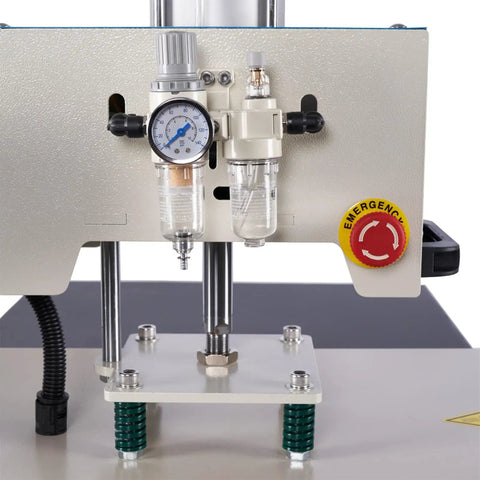 Close-up of Pro Grade 16x24 Dual Platen Heat Press Machine With Pneumatic Digital Sublimation control panel and pressure gauge.