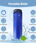 Portable Travel Bidet On The Go High Pressure Handheld Electric Sprayer USB Rechargeable For Women And Men Dual Spray Modes For Deep Clean And Gentle Rinse Water Filling Options Personal Hygiene Care And Postpartum Comfort Blue showing features like LED light indicator and dual spray mode.