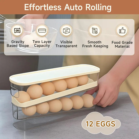 Auto Sliding Egg Organizer For Fridge 24 Egg Capacity Keeps Eggs Fresh And Organized Easy Refill White Egg Holder