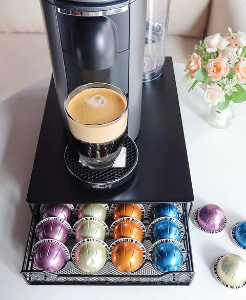Coffee Pod Drawer Organizer Compatible With Vertuoline Vertuo Holds Up To 40 Pods In Four Color Coded Rows Black Finish Kitchen Countertop