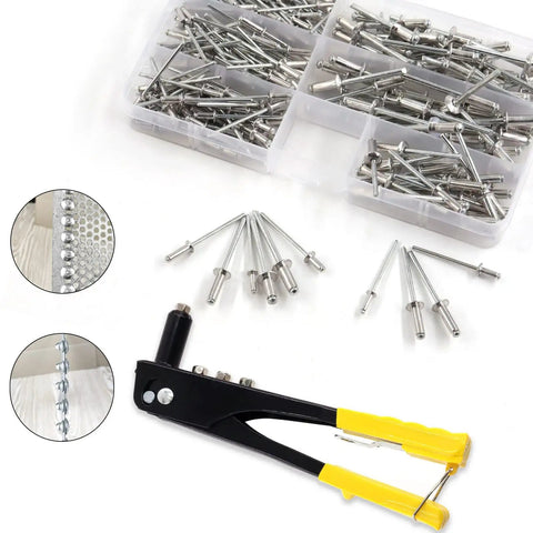 Heavy Duty Manual Riveter Kit With 6 Size Aluminum Blind Rivets Assortment 226 Pcs with hand rivet gun and rivets shown