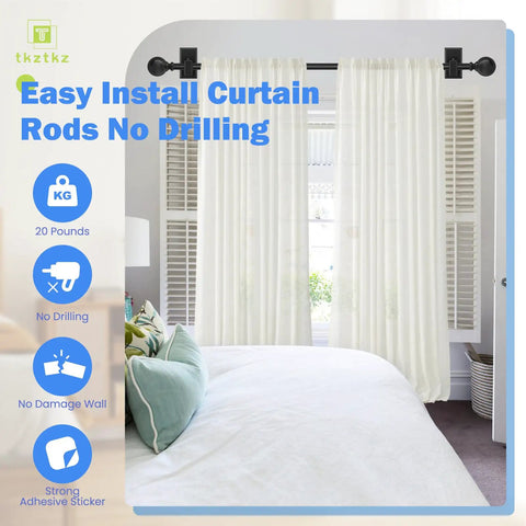 No Drill Curtain Rods For Windows 36 To 88 Inches With Adhesive Brackets Five Eighth Inch Sash Rod Easy Install Renter Friendly Bedroom Apartment Curtain Hardware displayed in bedroom with white curtains