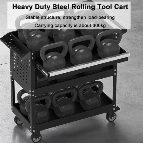 Built Tough Heavy Duty Steel Push Cart With Three Tier Shelves Lockable Drawer And Pegboard Organizer For Garage Shop Setup Smooth Gliding Casters On Hard Surfaces