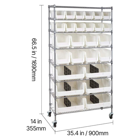 8-Tier Rolling Bin Rack With 26 PP Bins On Sturdy Steel Frame showing dimensions of mobile storage cart