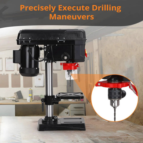 Get This Bad Boy 8 Inch Benchtop Drill Press With A Super Cool 45 Degree Tilt Table And Five Speed Settings For Rock Solid Performance, showcasing drill and adjustable table.