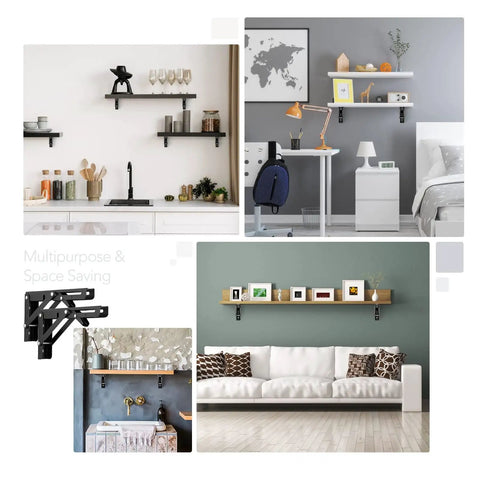 Heavy Duty Wall Mounted Folding Shelf Brackets With Tough Triangle Frame And Slick Fold Away Design For Hella Space Saving Diy Build Projects Max Load 330lbs In White Two Pack supporting various shelves in modern rooms.