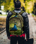 Man wearing Go To Everyday Carry Unisex Peacock Print Backpack With Full Tail Spread Design, Large Capacity Daypack in park