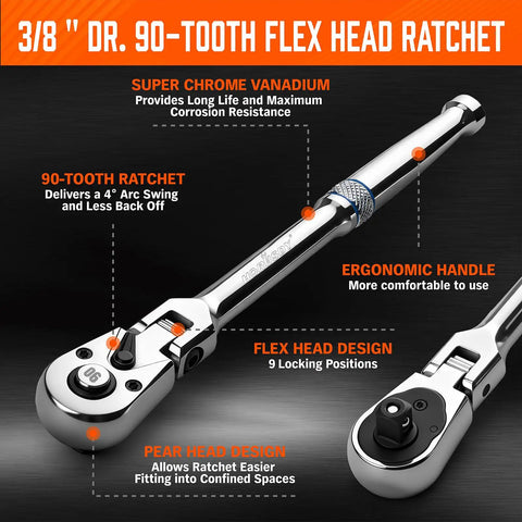 Beast Three Eighths Inch Drive Flex Head Ratchet With Ninety Tooth Gear detailed view with ergonomic handle and flex head