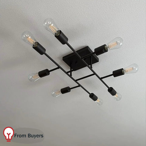 Eight Light Sputnik Chandelier In Oil Rubbed Bronze, Vintage Mid Century Semi Flush Mount Ceiling Fixture, starburst design.
