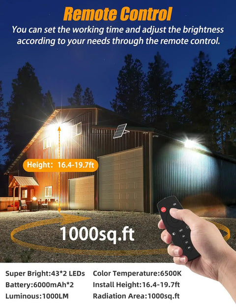 Hand using remote to adjust Solar Flood Light Outdoor 1000LM Dual 6000K on large barn, night view with specifications overlay.