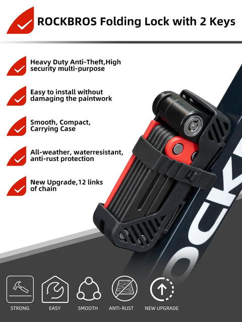 Folding Bike Lock 120 Cm Long With 2 Keys Heavy Duty Security Lock For E Bike And Electric Scooter Anti Theft Durable Alloy Steel For Motorcycle Outdoor City Cycling And Daily Commute