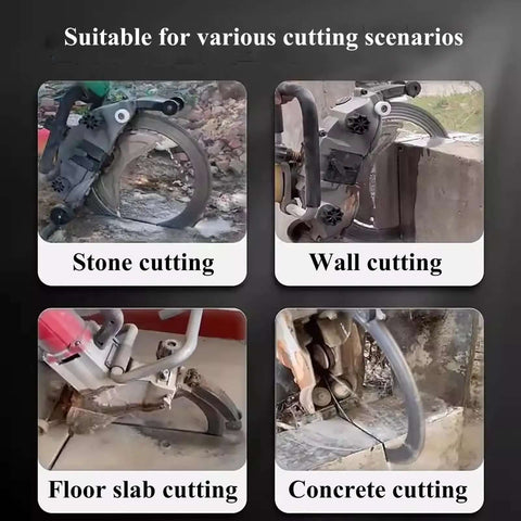 Badass Wall Cutting Machine With 8800W Brushless Motor And Inline Water Pump Rips Through Concrete Stone Brick Blocks Up To Twenty Seven Centimeters Deep For Hardcore Contractor Crews shown in various cutting scenarios including stone, wall, floor slab, and concrete cutting.