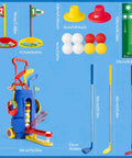Kid Friendly Golf Set For Indoor And Outdoor Play Featuring 3 adjustable clubs, 8 balls, mobile golf cart, flags, tees
