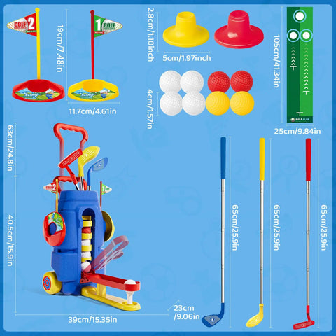 Kid Friendly Golf Set For Indoor And Outdoor Play Featuring 3 adjustable clubs, 8 balls, mobile golf cart, flags, tees