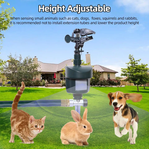 Motion Activated Lawn Sprinkler Deterrent For Cats Dogs And Birds With 360 Degree Adjustable Head 1000 Sq Ft Coverage 120 Degree Detection Outdoor Water Sprinkler To Keep Pests At Bay in a garden setting.