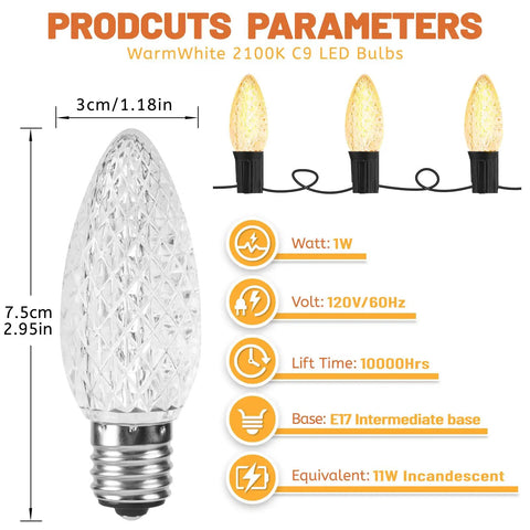 WarmWhite 2100K C9 LED 1W bulb with E17 base and dimensions 3cm x 7.5cm, shown with string lights and specs chart.
