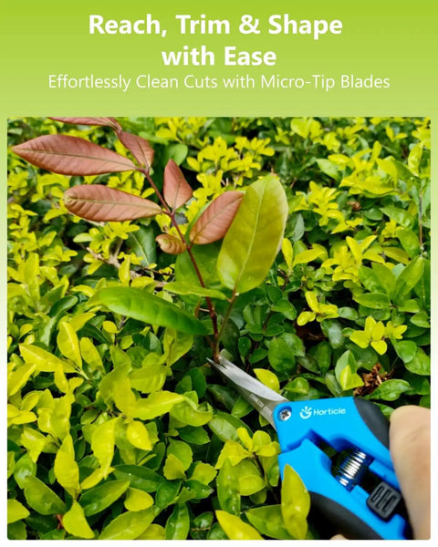 Hand using Two Pack 6.5 Inch Garden Scissors Pruning Shears For Small Plants on leafy stem, showing razor sharp blades and ergonomic comfort.