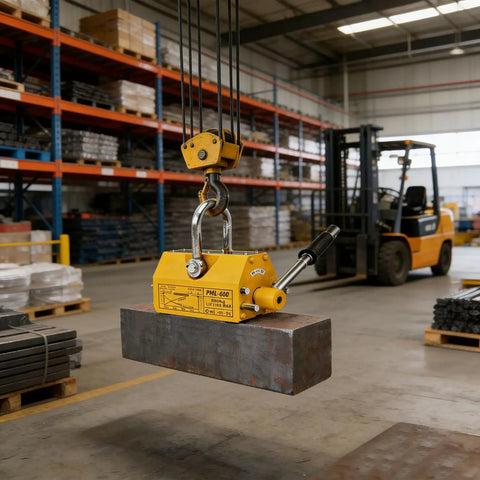 Kickass Heavy Duty Permanent Lifting Magnet With 11000 Lbs Capacity lifting a steel block in a workshop with crane setup.