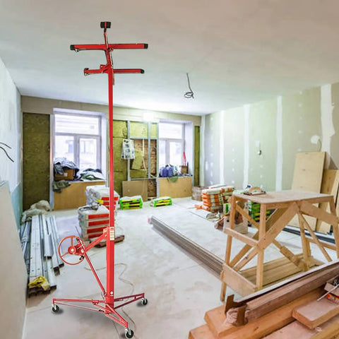 Heavy Duty Steel Drywall Lifter With Adjustable Height And Smooth Ride Casters For No Sweat Solo Ceiling Mounting and Plasterboard Hoisting in a busy renovation site.